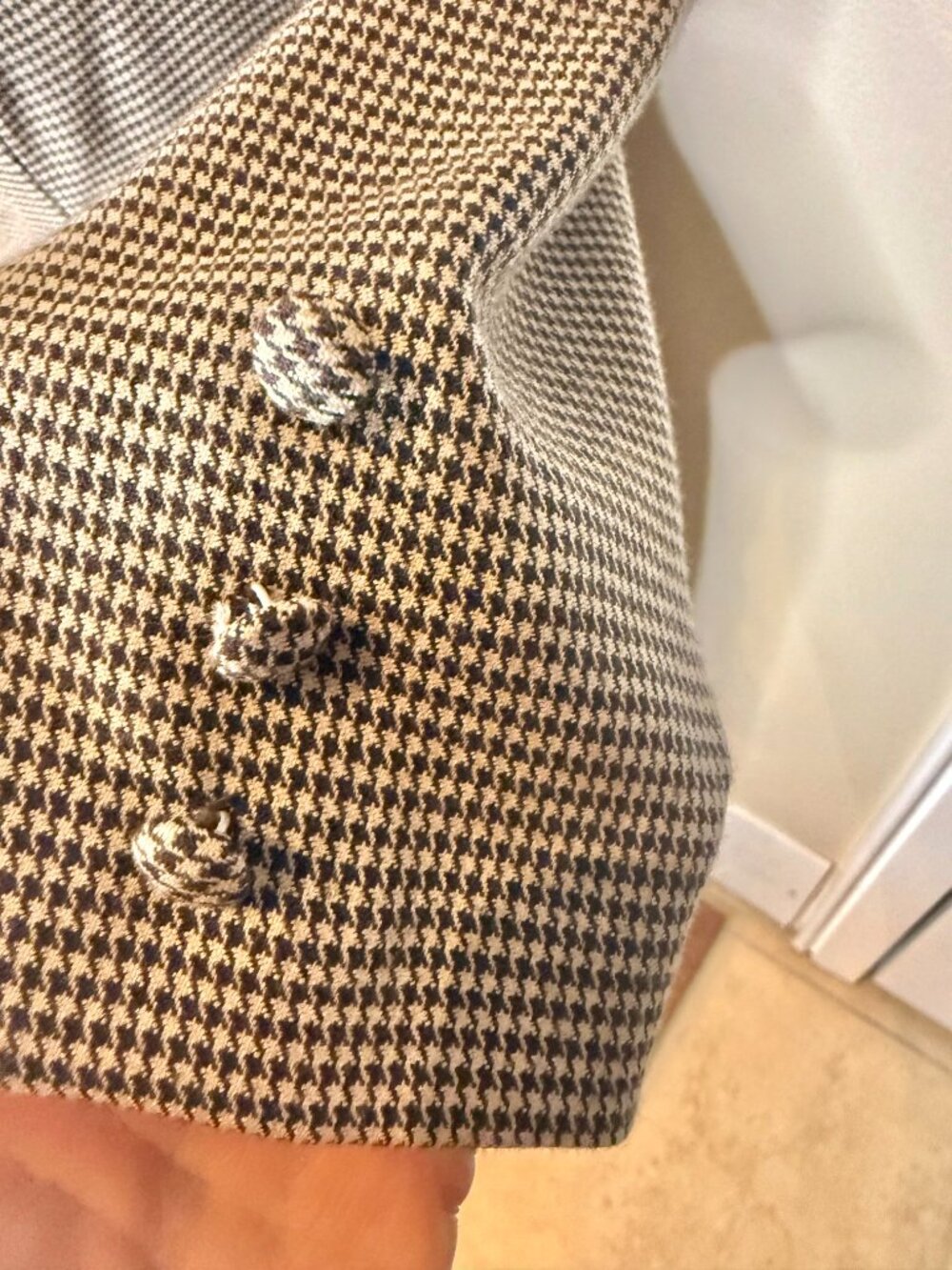 Stop Staring Tan & Brown Houndstooth Midi Pinup Wiggle Retro Dress w/ Peplum XS - Picture 4 of 12